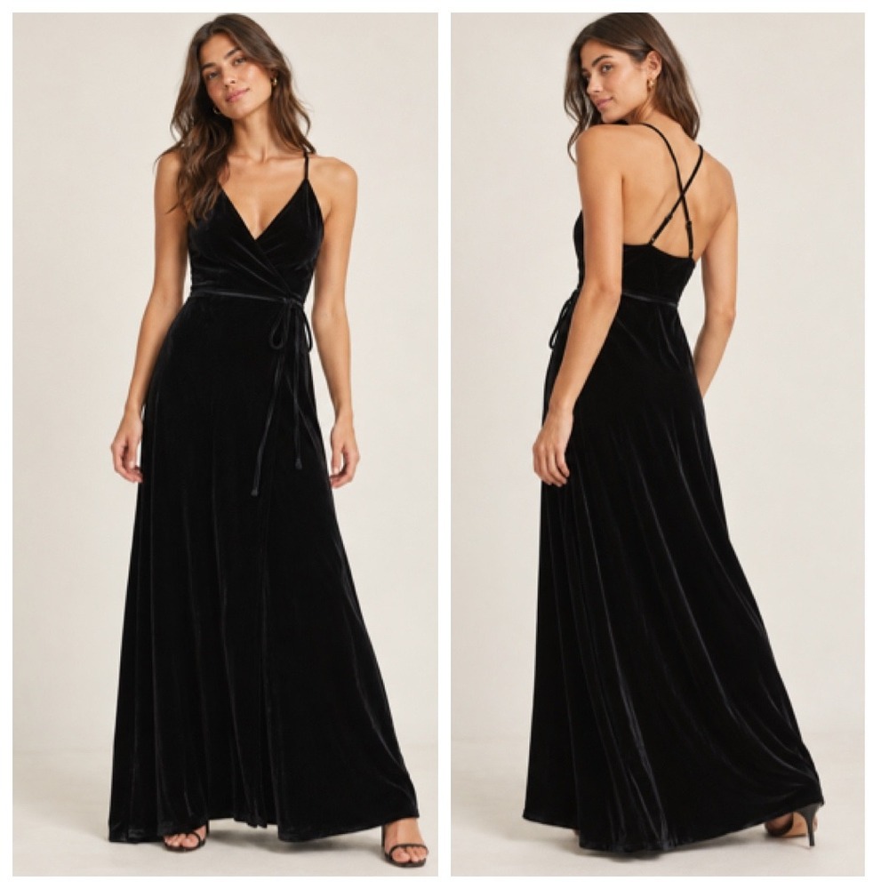 Yumi Kim Rush Hour Maxi Dress XS Black Velvet Wrap V Neck Strappy Tie Waist NEW